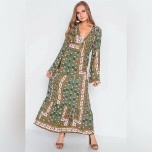 Altar'd State Olive Green Patterned Long Sleeve Maxi Dress